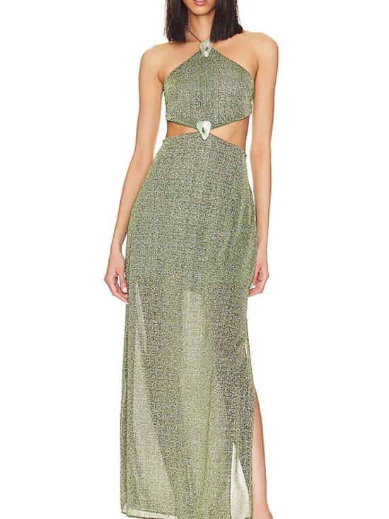 Baobab Collection Dresses & Skirts - Baobab Collection Metallic Olive Green Halter Cutout Maxi Dress